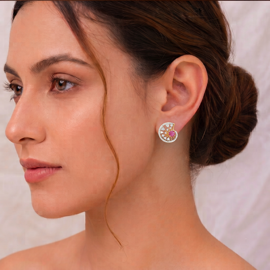 Gold Plated Ruby & CZ Nautilus Shell Stud Earrings