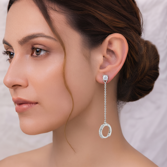 Silver Plated Brass Solitaire Stud Long Chain Drop Huggie Hoop Earrings