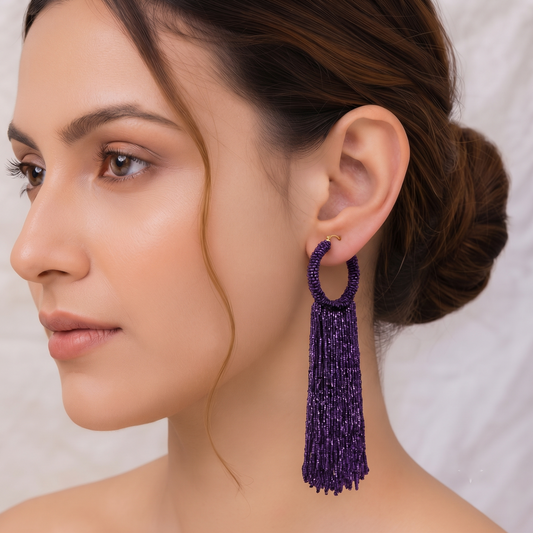 Handcrafted Deep Purple Seed Bead Hoop Tassel Drop Earrings for Women