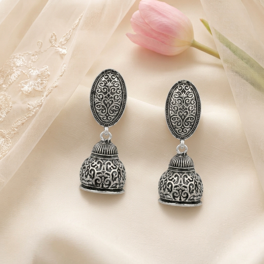 Oxidised Silver Oval Carving Traditional Jhumka Earrings