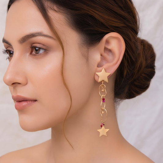 Gold Plated Star Motif Long Multi-Link Drop Earrings for Women Celestial Hanging Balis