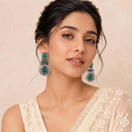 Oxidized Silver Toned Green Stone Textured Drop Earrings for Women
