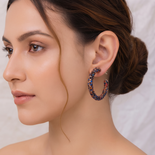Colorful CZ Crystal Studded Brass C-Hoop Party Wear Earrings