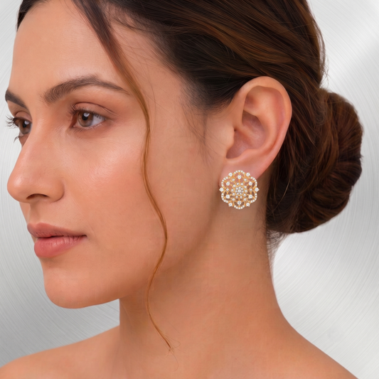 Gold Plated Brass Geometric Circular Floral American Diamond Stud Earrings for Women