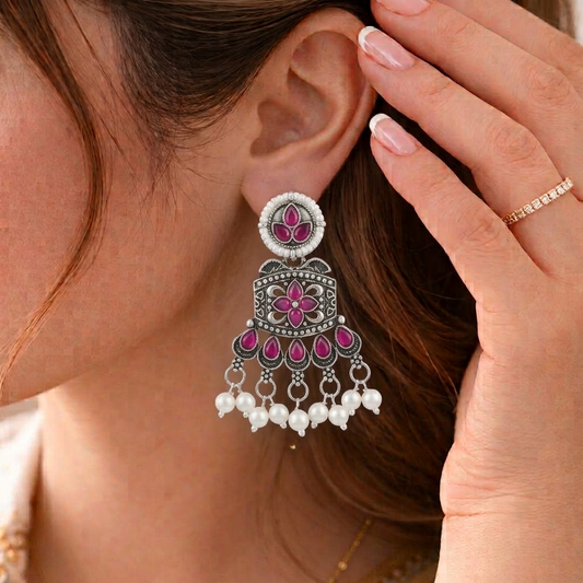 Oxidised Silver Chandelier Earrings with Pink Stones Pearl