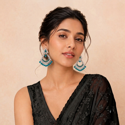 Gold Plated Traditional Wedding Kundan Chandbali Earrings with Teal Beads