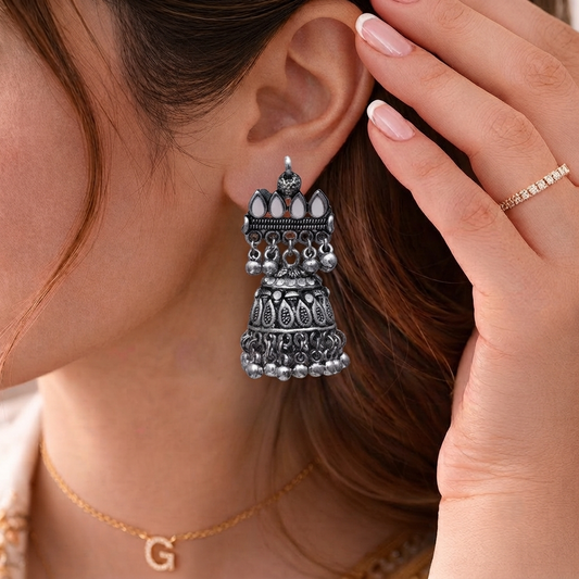Oxidised Silver Jhumka Earrings with Mirror Work Jhumki for Women