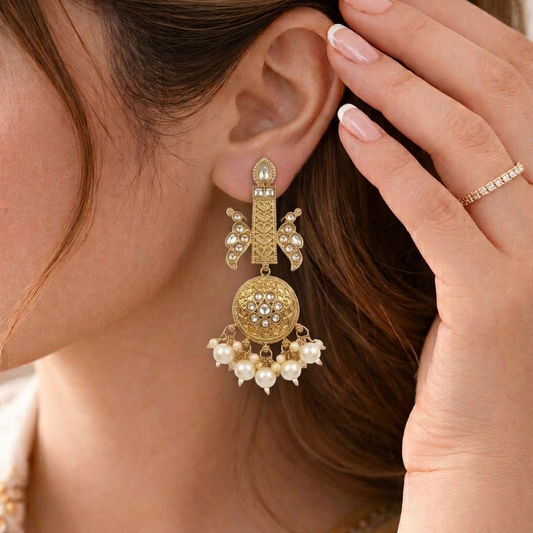 Antique Traditional Gold Pillar Stud Earrings with Pearls