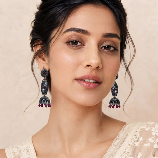 Oxidised Silver long Jhumka Earrings with Red Stones