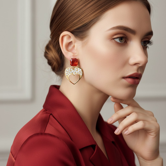 Square Garnet CZ Heart Drop Earrings