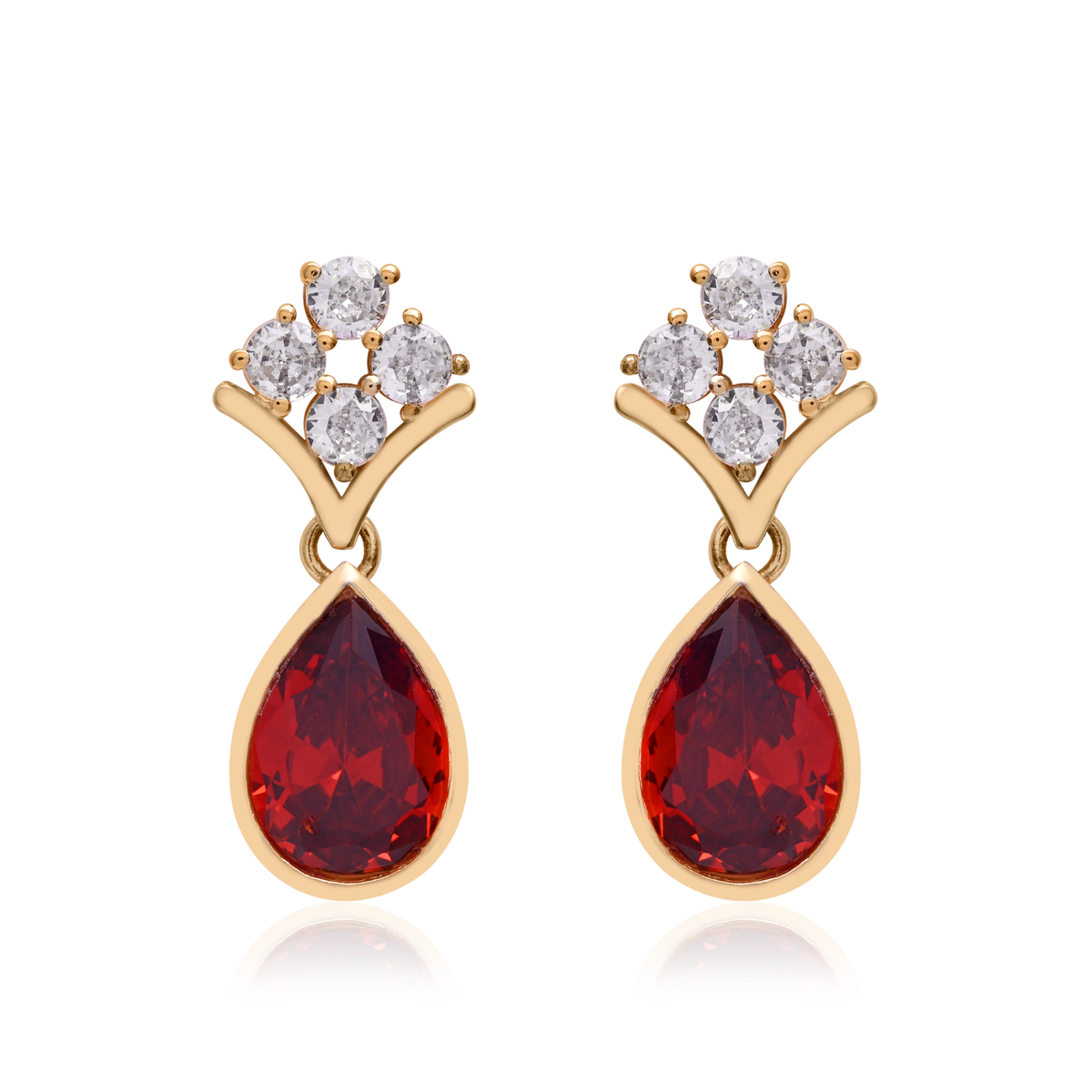 Gold Plated Brass Teardrop Drop Earrings with Red Stone