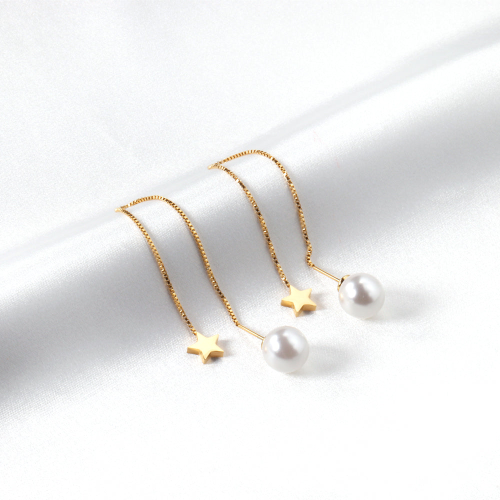 Star Charm Pearl Threader Drop Earrings