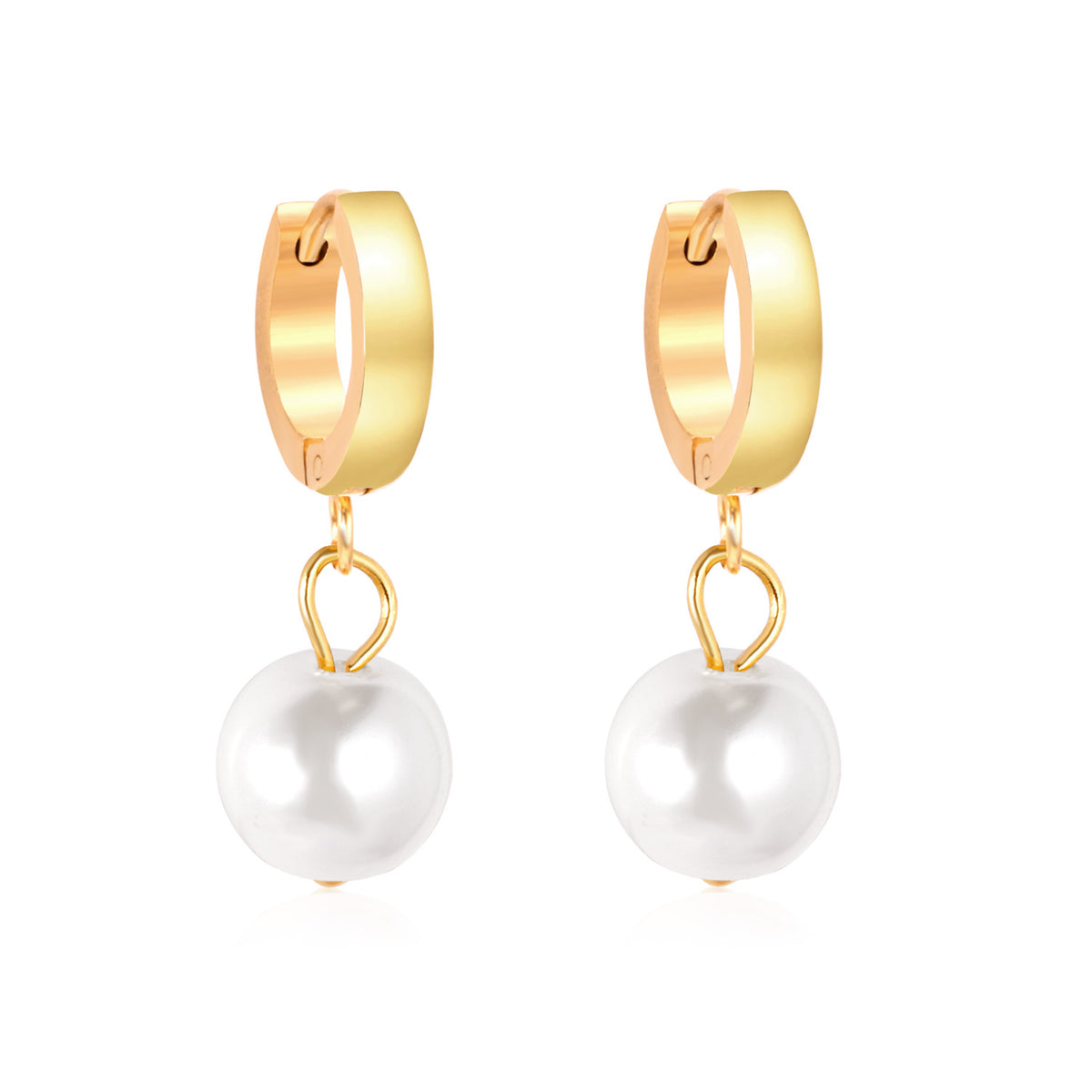 Gold Plated Brass Huggie Hoop Earrings with Pearl Drop Charms