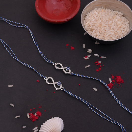 Silver Infinity Evil Eye Rakhi Blue Thread Pack of 2