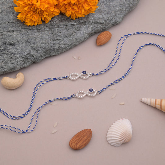 Silver Infinity Evil Eye Rakhi Blue Thread