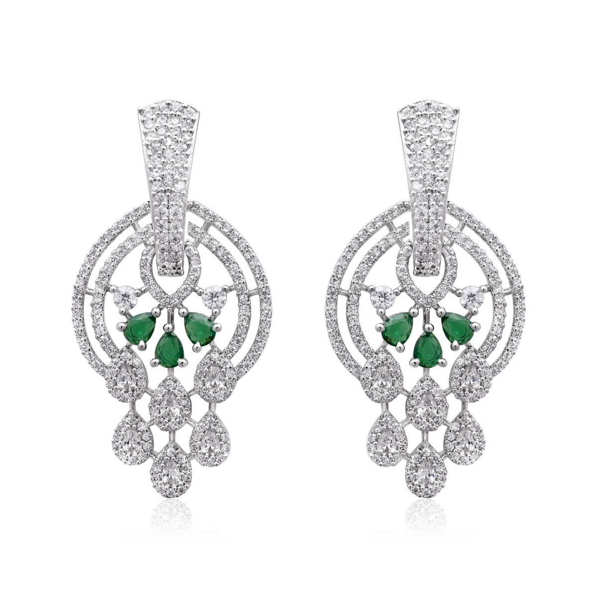 Silver Plated Brass Emerald Green and White CZ Stone Studded Chandbali Earrings