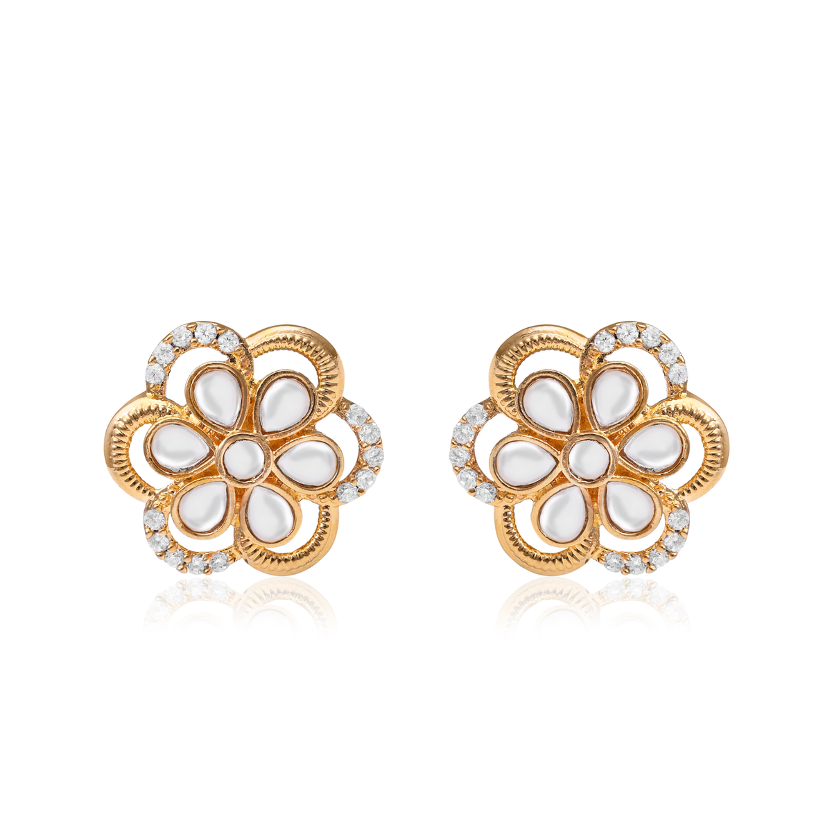 Gold Plated Floral Motif White Stone and CZ Diamond Stud Earrings for Women