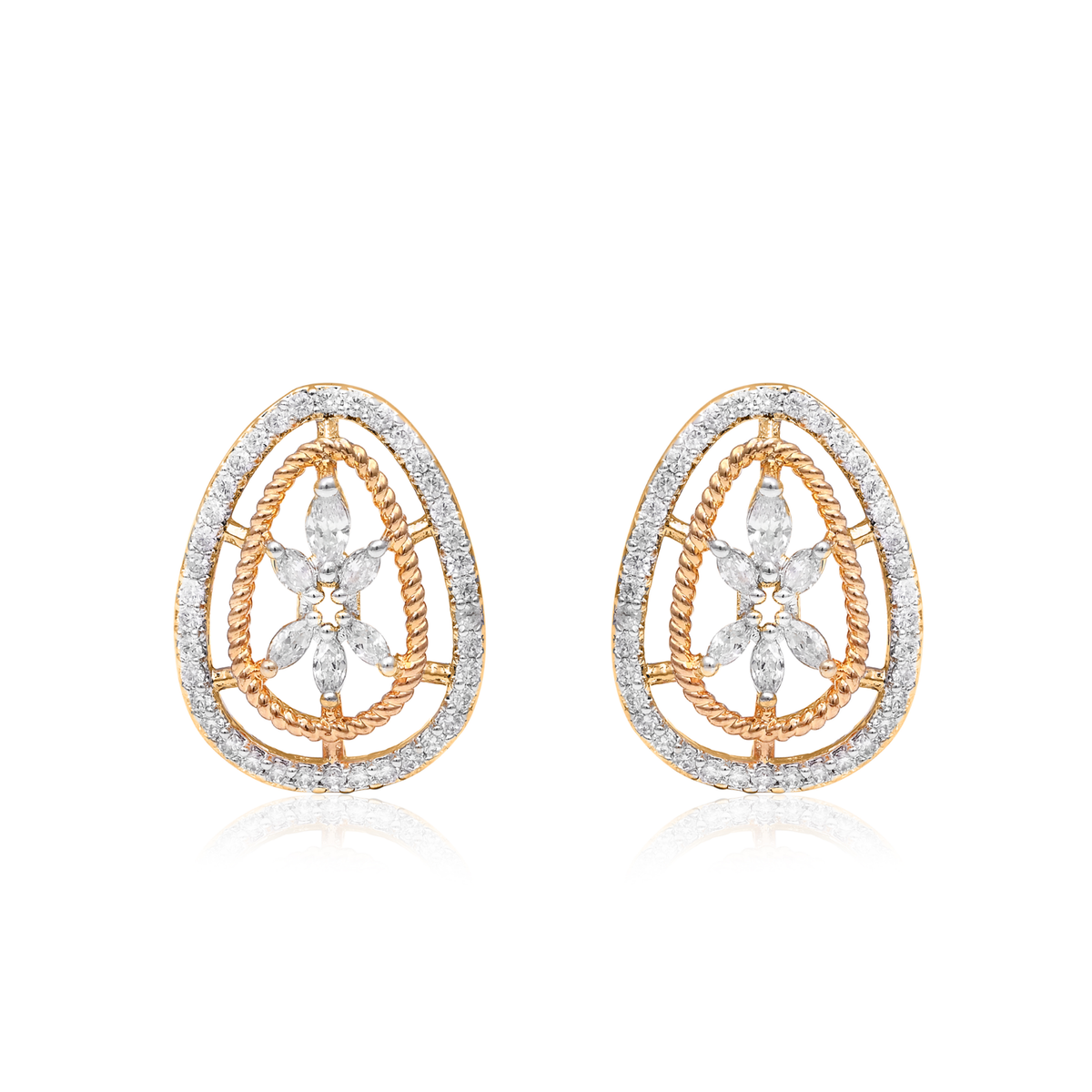 Gold Plated Brass Oval Filigree American Diamond Stud Earrings for Women