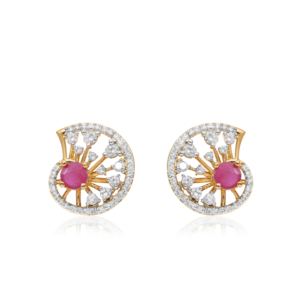 Gold Plated Ruby & CZ Nautilus Shell Stud Earrings
