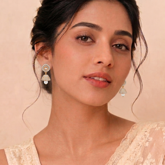Gold Plated Brass Small American Diamond Jhumki Earrings for Women