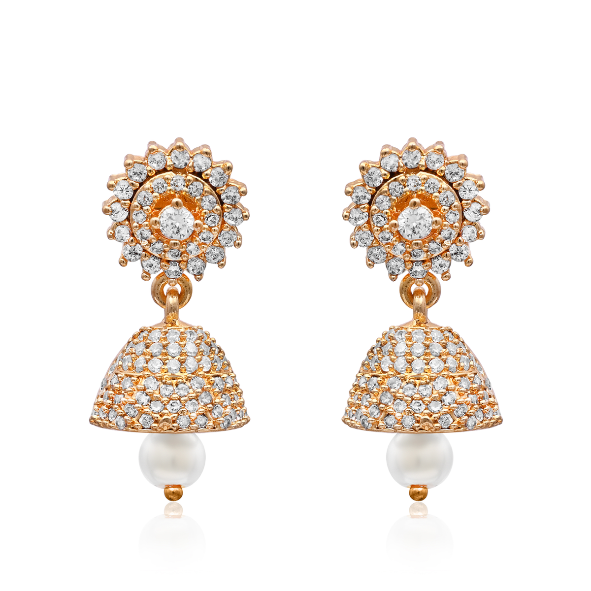 Gold Plated Brass Small American Diamond Jhumki Earrings for Women