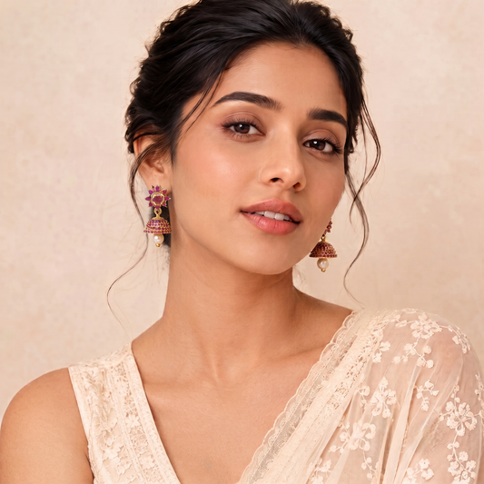 Gold Plated Brass Small Ruby Red CZ Stone Jhumki Earrings for Women