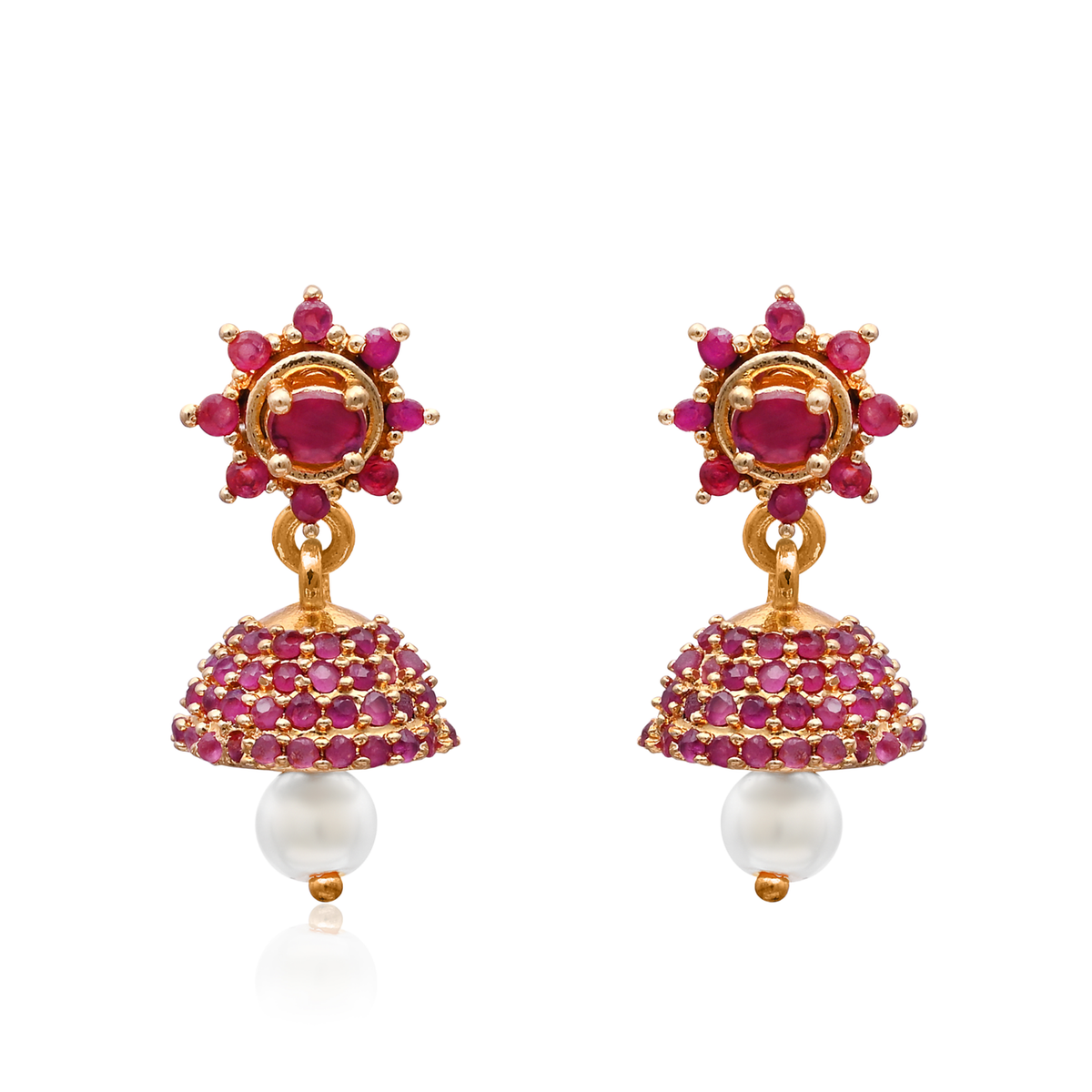 Gold Plated Brass Small Ruby Red CZ Stone Jhumki Earrings for Women