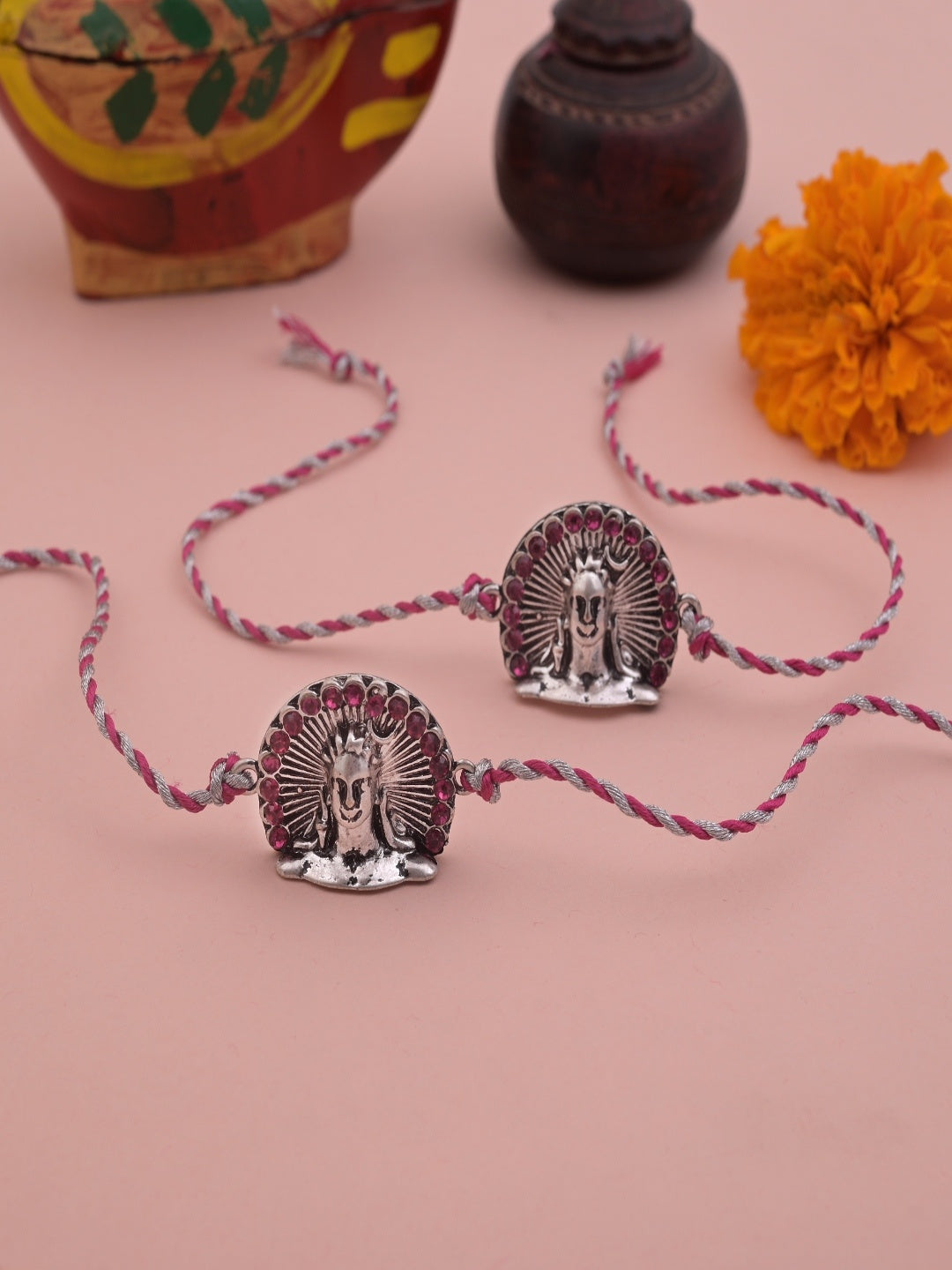 Rose Gold Leaf Evil Eye Rakhi Multicolor Thread Pack of 2