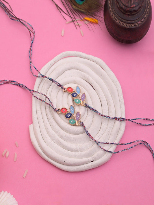 Rose Gold Flower Evil Eye Rakhi Blue Thread