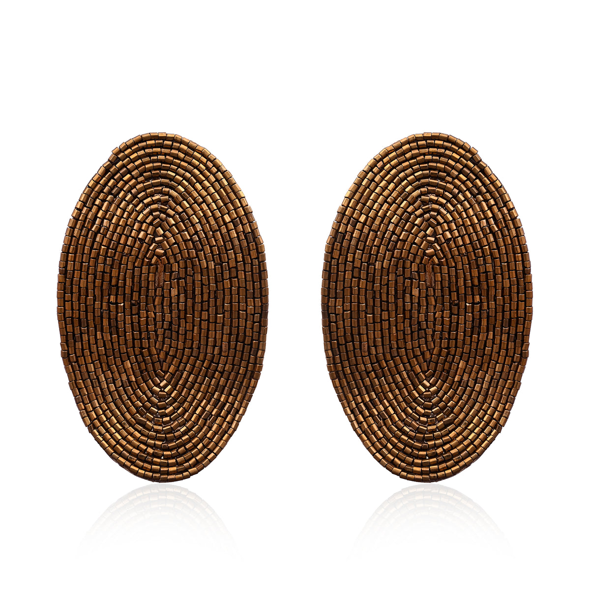 Handcrafted Bronze Metallic Seed Bead Oval Stud Earrings for Women Boho Statement Tops