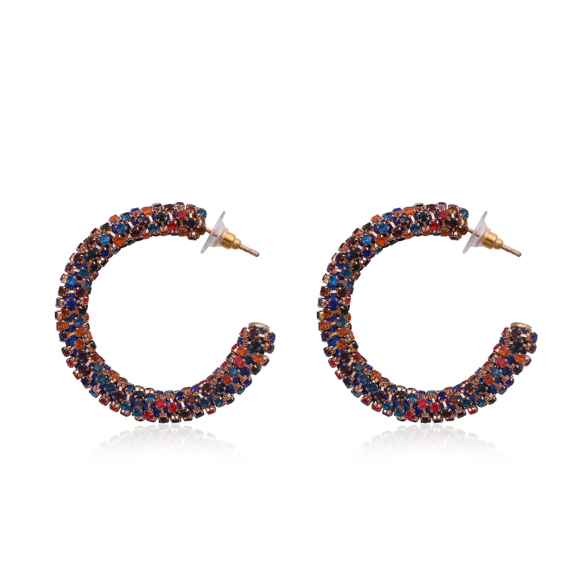 Colorful CZ Crystal Studded Brass C-Hoop Party Wear Earrings