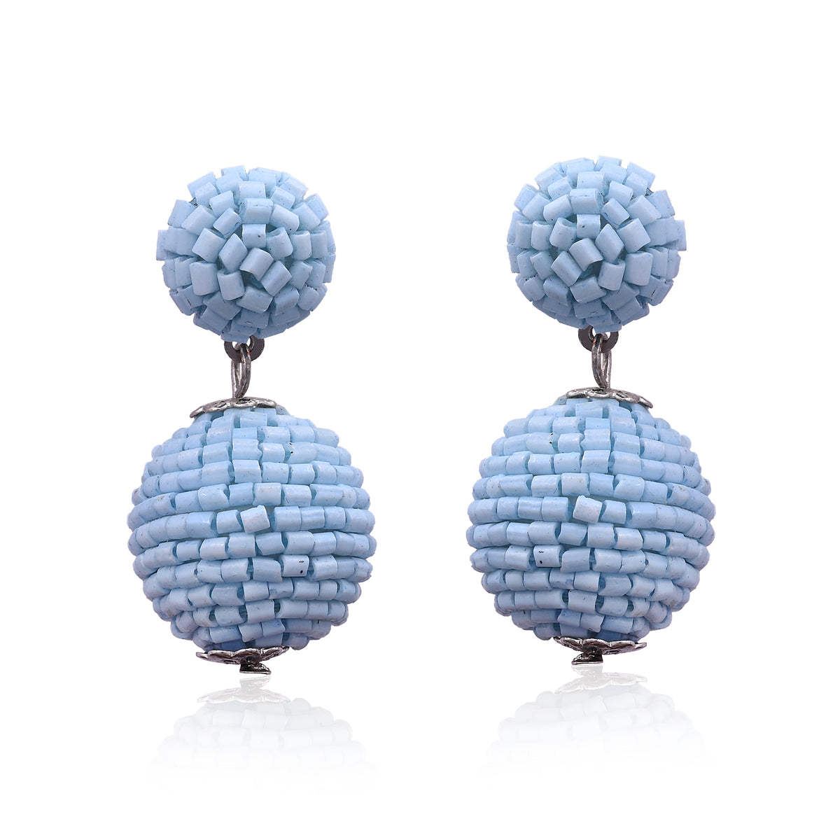 Handcrafted Light Blue Seed Bead Double Bauble Drop Earrings for Women