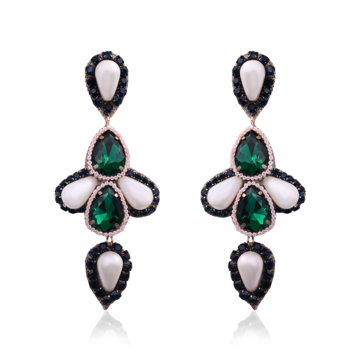 Elegant Heavy Look Brass Green Crystal and Pearl Asymmetrical Statement Balis
