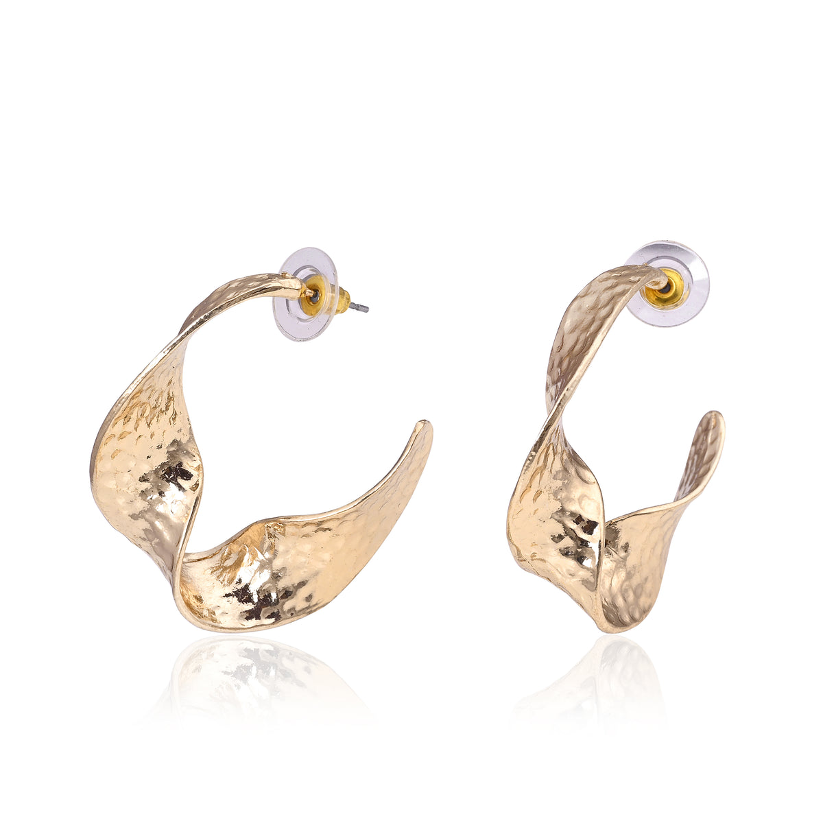 Brass Hammered Textured Abstract Twist Open Hoop Earrings for Women