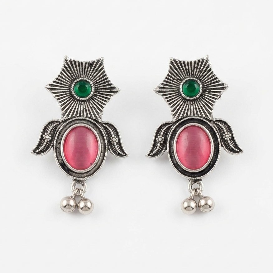 Oxidized Silver-Toned Green Pink Stone Studded Drop Earrings for Women