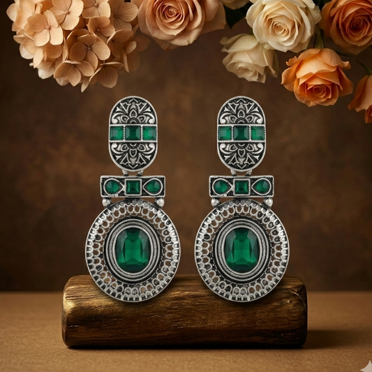 Oxidized Silver-Toned Green Stone Textured Drop Earrings for Women