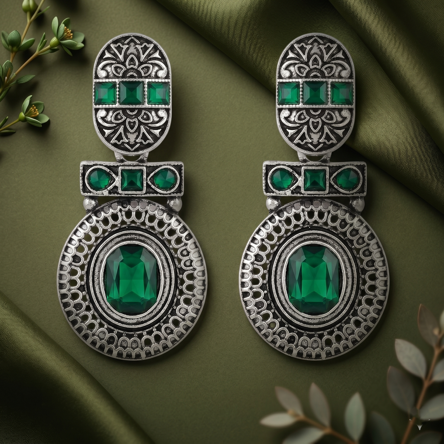 Oxidized Silver-Toned Green Stone Textured Drop Earrings for Women