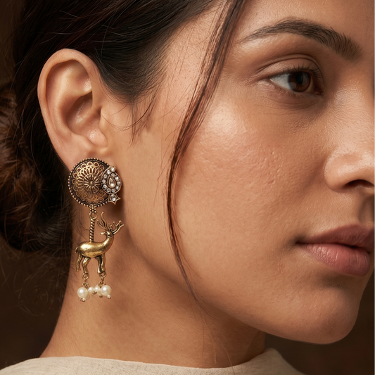 Oxidized Silver-Toned Red Stone Geometric Drop Earrings for Women