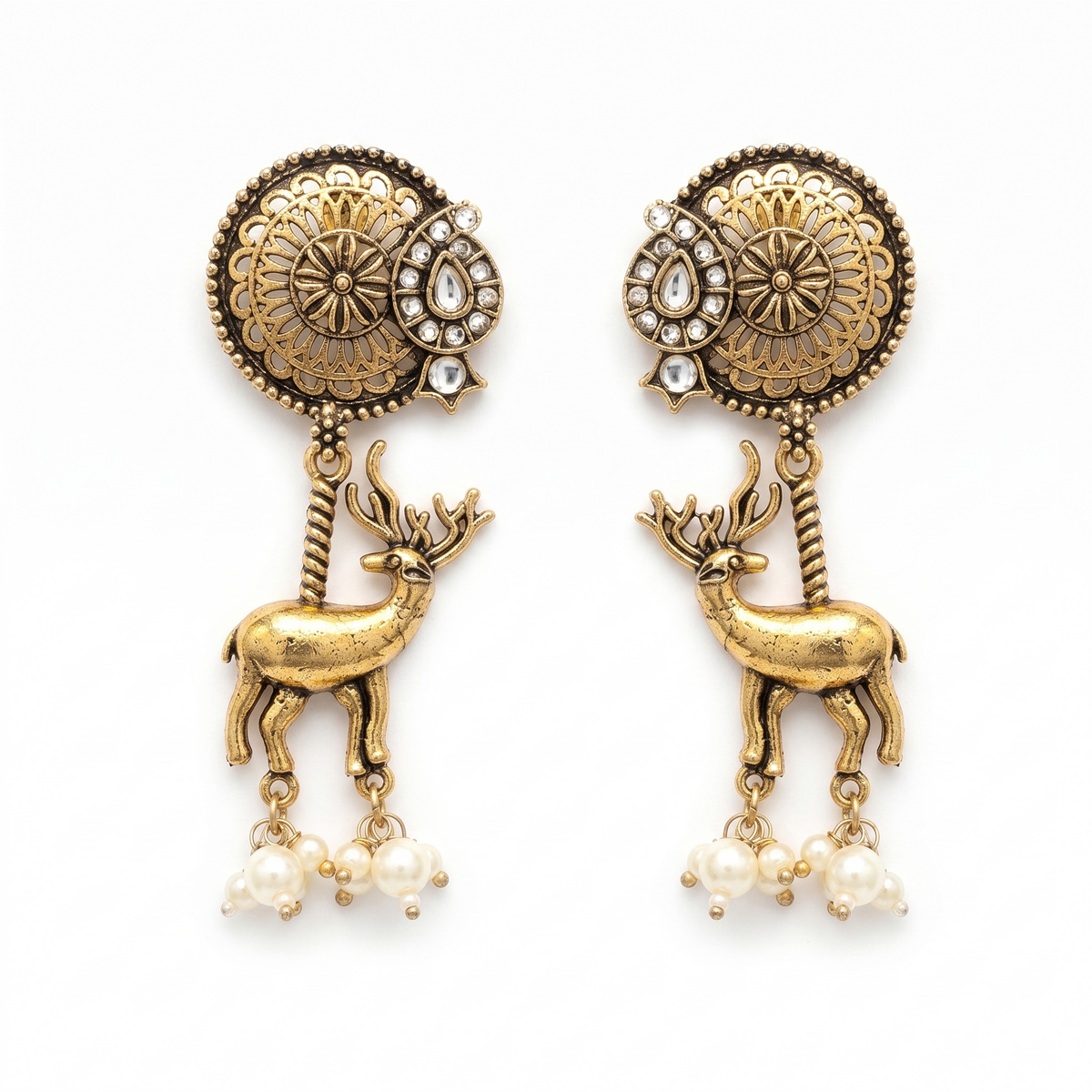 Traditional Antique Gold Deer Motif Earrings with Pearls