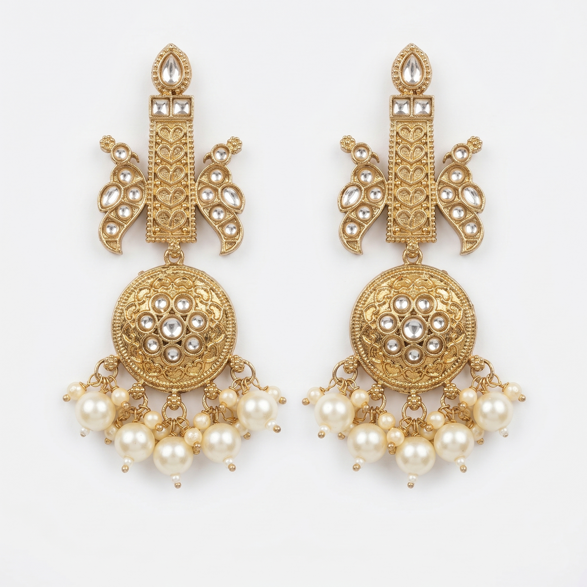 Antique Traditional Gold Pillar Stud Earrings with Pearls