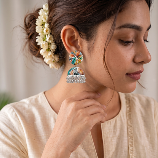 Multicolor Peacock Feather Print Jhumka Earrings for Women Silver Ghungroo Balis