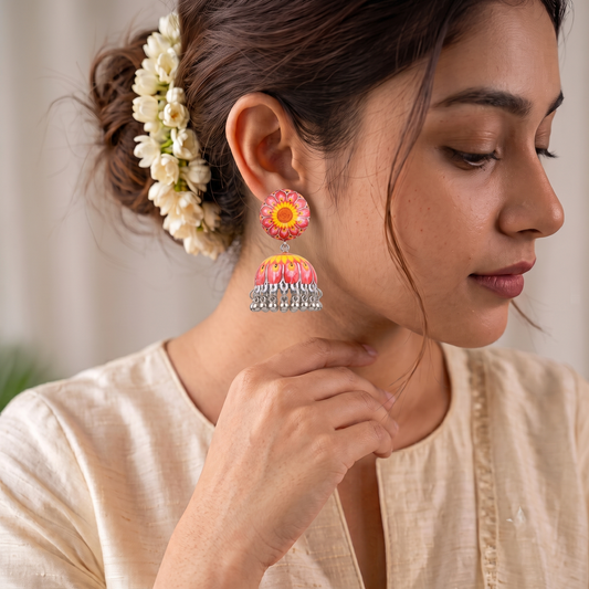 Pink and Yellow Floral Mandala Print Jhumka Earrings for Women Silver Ghungroo Balis
