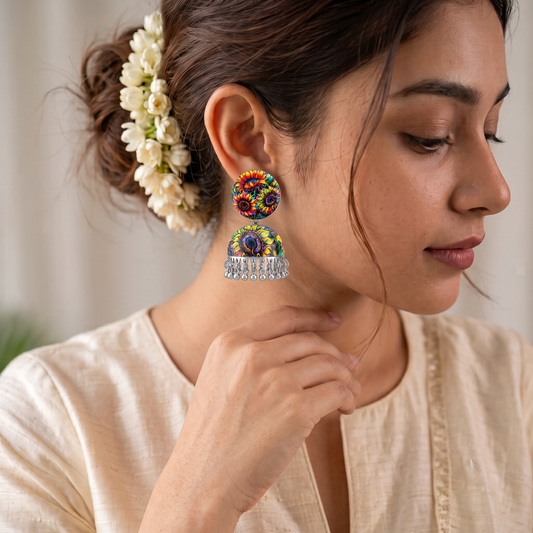 Sunflower Printed Jhumka Earrings for Women Silver Ghungroo Balis