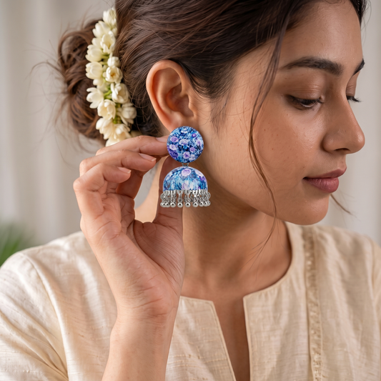 Blue and Purple Floral Print Jhumka Earrings for Women Silver Ghungroo Balis