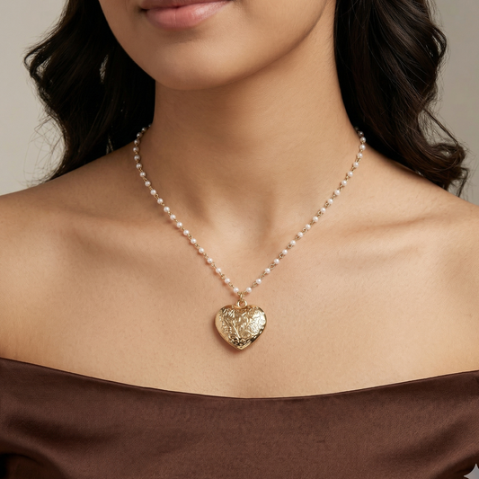 Floral Heart Locket Pearl Station Chain