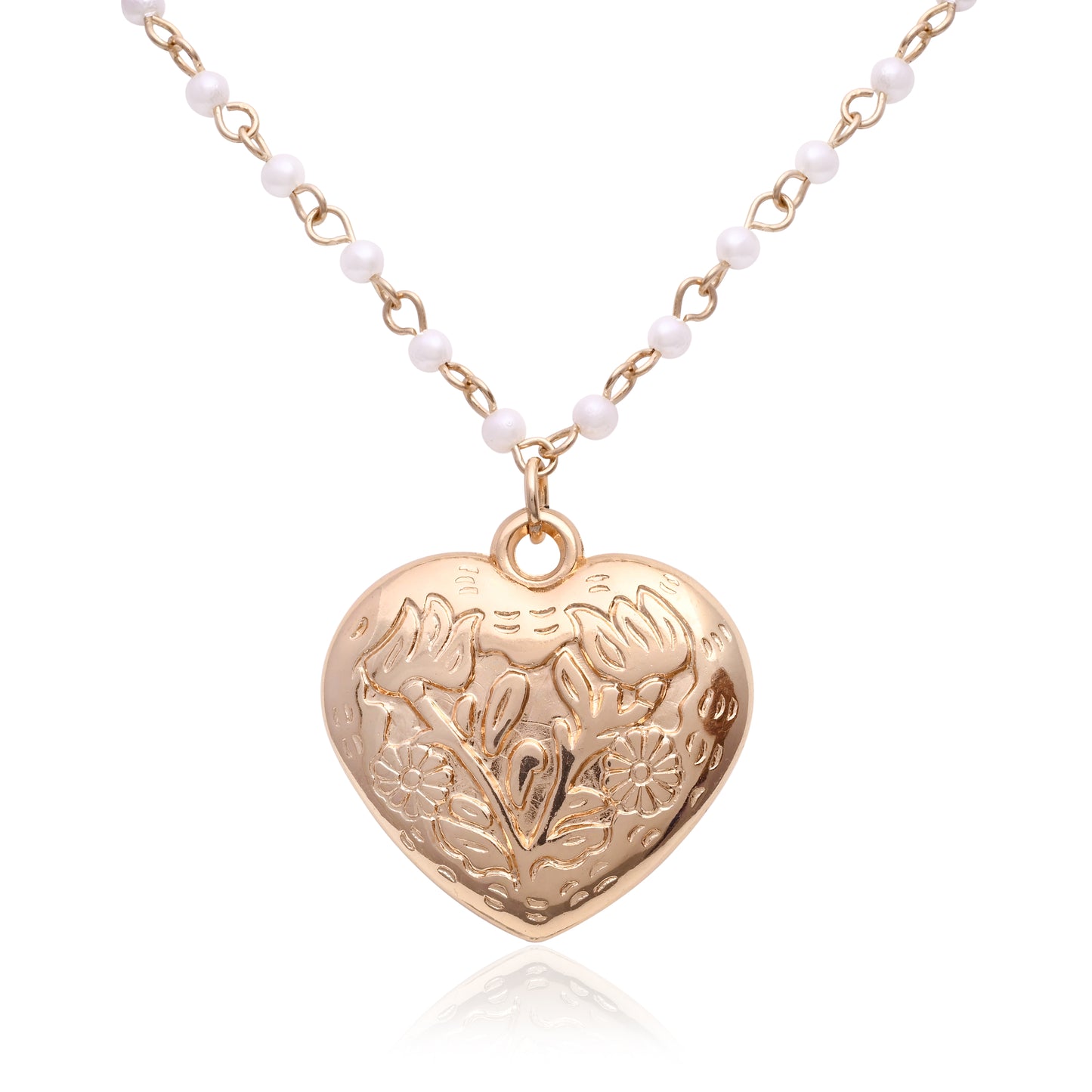 Floral Heart Locket Pearl Station Chain