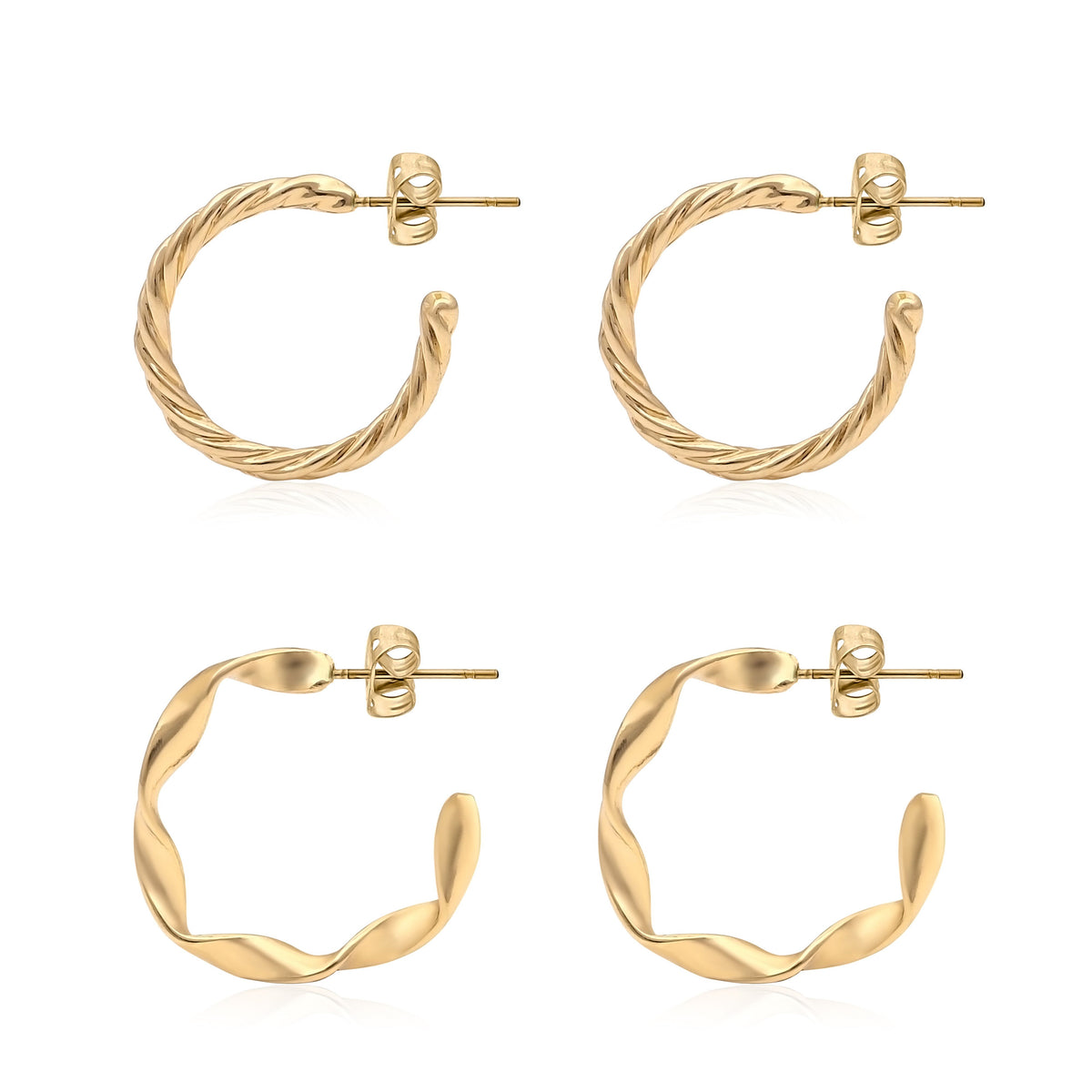 Gold Plated Twisted Rope and Matte Wave Open Hoop Earrings Combo for Women