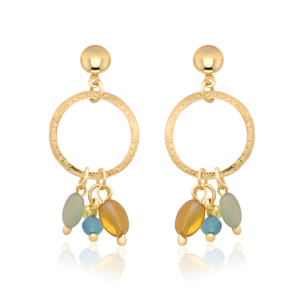 Gold Plated Hammered Hoop Earrings with Multicolor Pebble Charms for Women