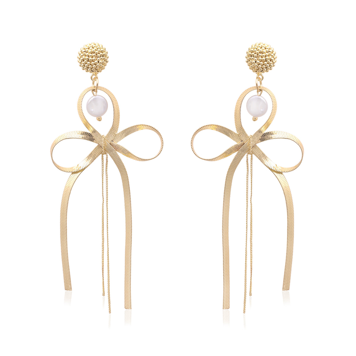Gold Plated Textured Mesh Bow Tassel Drop Earrings for Women Long Ribbon Hanging Balis