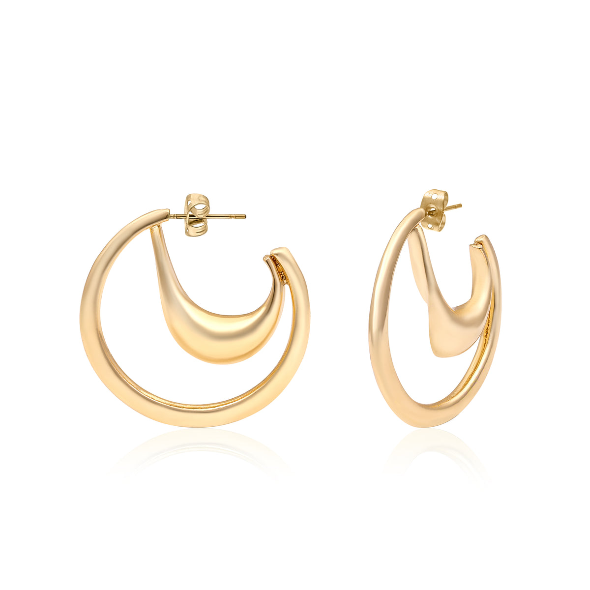 Gold Plated Matte Finish Abstract Double Layer Crescent Hoop Earrings for Women